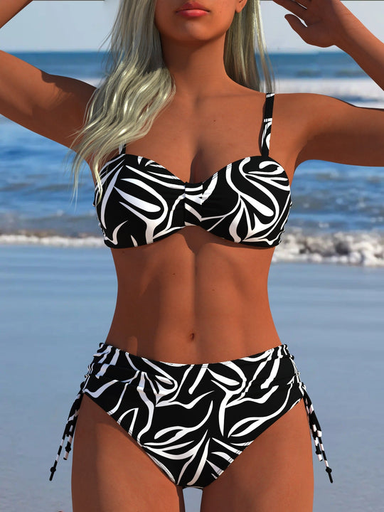 Damen Bikini-Set mit stilvollem Karomuster und goldfarbenen Akzenten