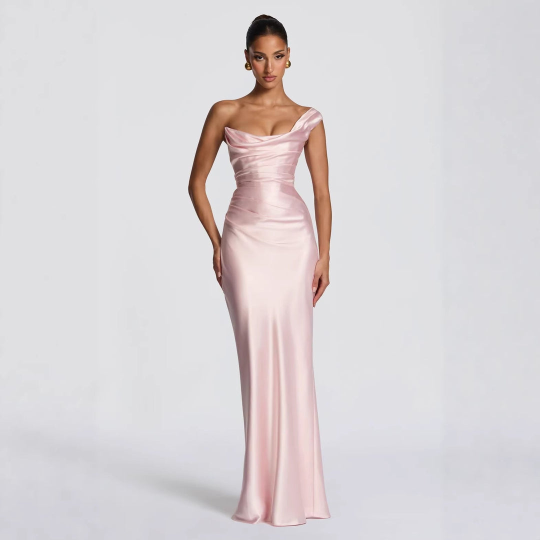 Damen Elegantes Satin Lang Abendkleid mit asymmetrischem Schnitt und figurschmeichelndem Design Shopnory