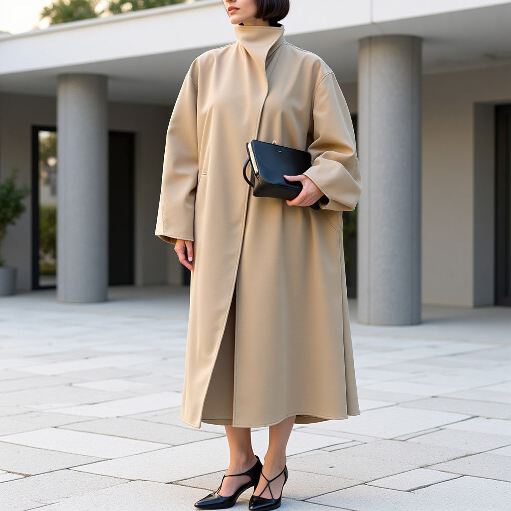 Damen Mantel im minimalistischen Midi‑Schnitt mit Stehkragen und verdeckter Knopfleiste Shop Nory