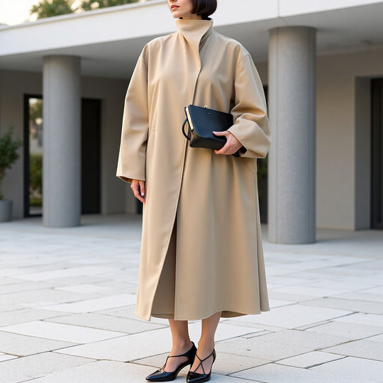 Damen Mantel im minimalistischen Midi‑Schnitt mit Stehkragen und verdeckter Knopfleiste Shop Nory