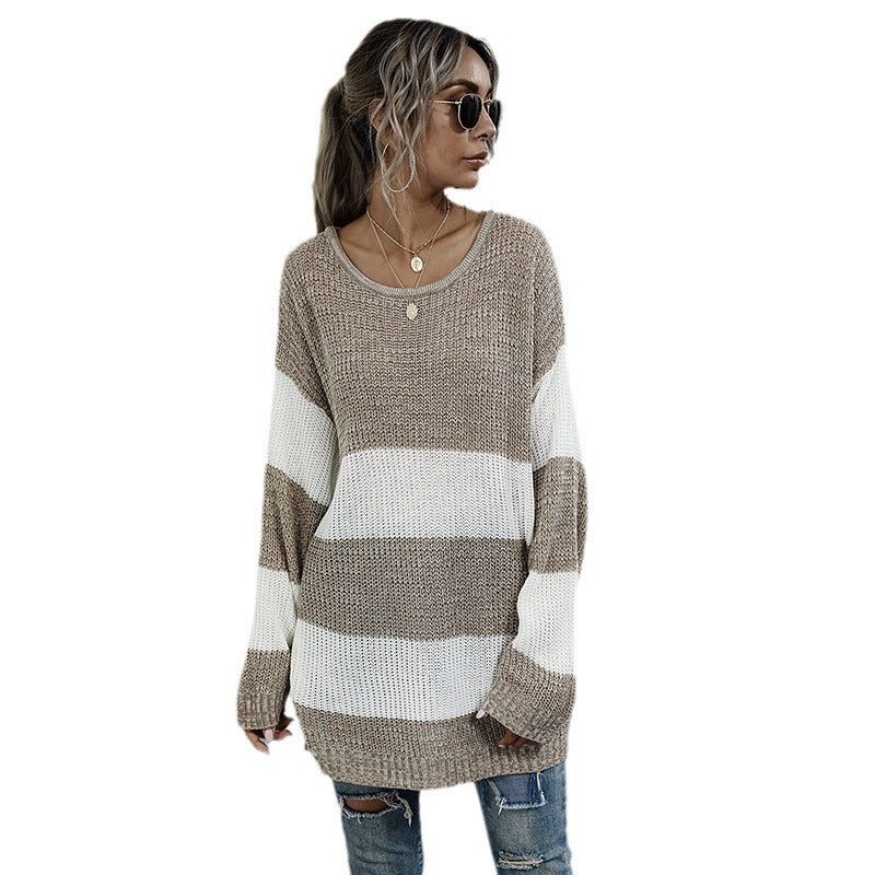 Damen Langer Oversize-Strickpullover mit breiten Blockstreifen und überschnittener Schulter Shop Nory