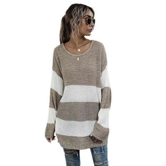 Damen Langer Oversize-Strickpullover mit breiten Blockstreifen und überschnittener Schulter Shop Nory