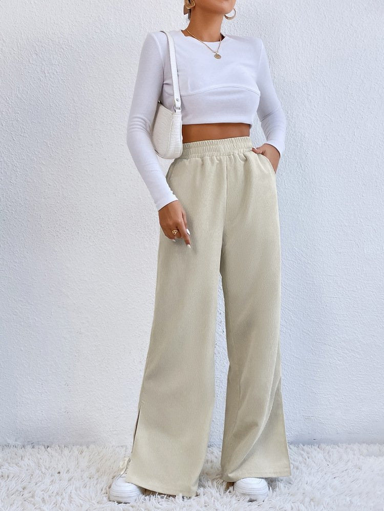 Damen Weite High‑Waist Cordoptik-Loungehose mit elastischem Bund und Seitenschlitzen Shop Nory