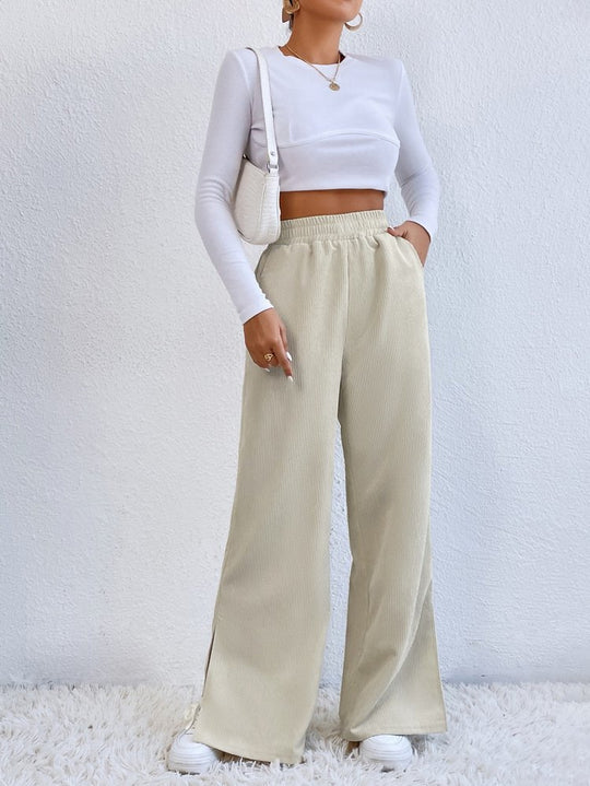 Damen Weite High‑Waist Cordoptik-Loungehose mit elastischem Bund und Seitenschlitzen Shop Nory