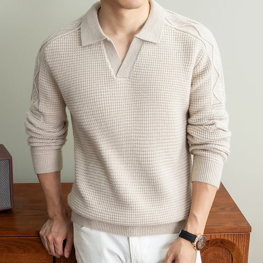 Herren Polo-Pullover mit strukturiertem Waffelstrick und Zopfmuster-Ärmeln Shop Nory
