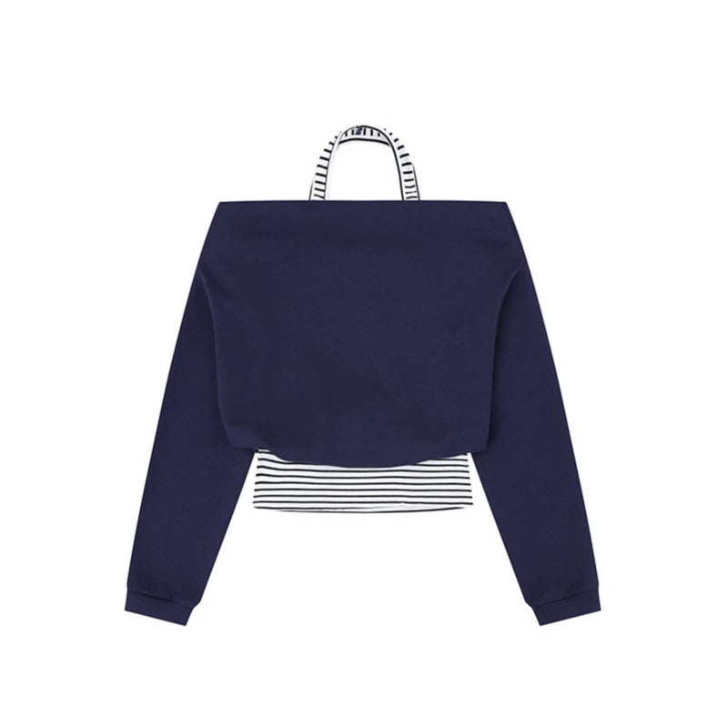Damen Cropped Lagen-Hoodie mit integriertem Streifen-Untershirt, Kapuze und legerem Raglan-Schnitt Shop Nory