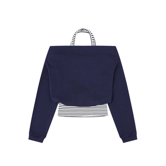 Damen Cropped Lagen-Hoodie mit integriertem Streifen-Untershirt, Kapuze und legerem Raglan-Schnitt Shop Nory