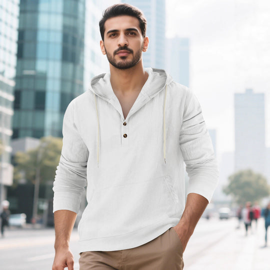Herren Leichter Kapuzen-Henley aus Baumwoll-Leinen mit Kängurutasche Shop Nory