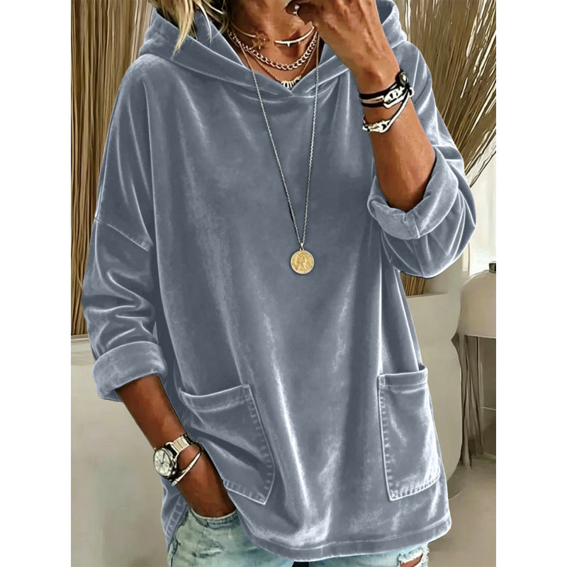 Damen Samt-Hoodie mit Kapuze, Oversize-Schnitt und aufgesetzten Taschen Shop Nory