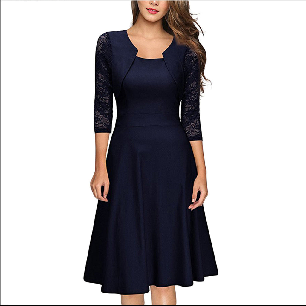 Damen Midi-Kleid mit Spitzenärmeln und schwingendem Rock