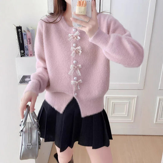 Damen Flauschige Strickjacke mit Perlen und Rüschendetails Shop Nory