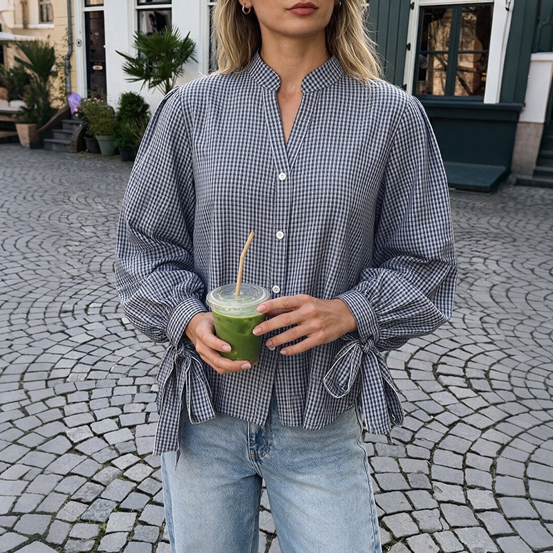 Damen Locker geschnittene Vichy-Karo-Bluse mit Stehkragen, Knopfleiste und Bindemanschetten Shop Nory
