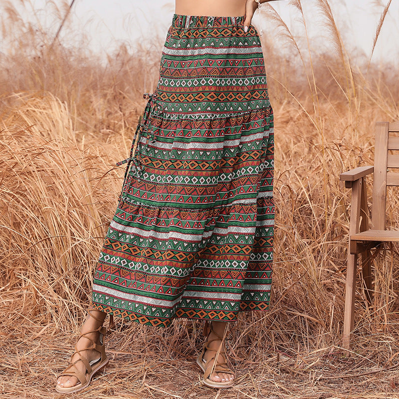 Damen Langer Boho-Maxirock mit Ethno-Print und seitlichen Bindebändern Shop Nory