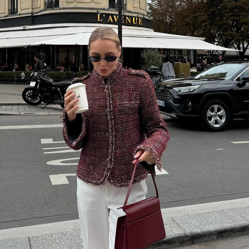 Damen Kurze Bouclé-Tweed-Jacke mit Fransenbesatz und Zierknöpfen Shop Nory