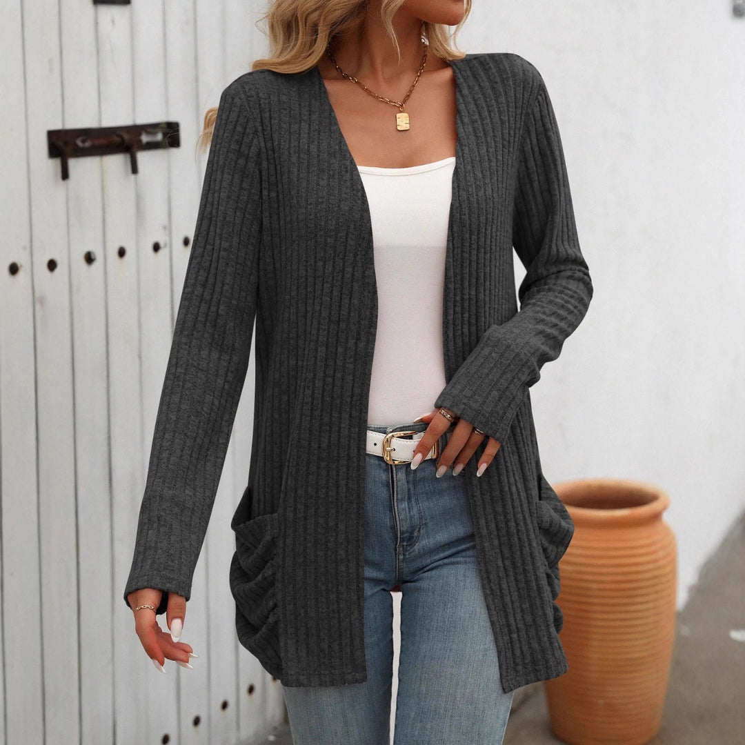 Damen Gerippter Longcardigan mit offenen Kanten, Eingrifftaschen und lockerer Passform Shop Nory