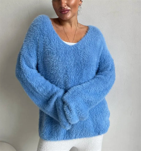 Damen Oversize-Flauschpullover mit V-Ausschnitt und Teddy-Optik Shop Nory