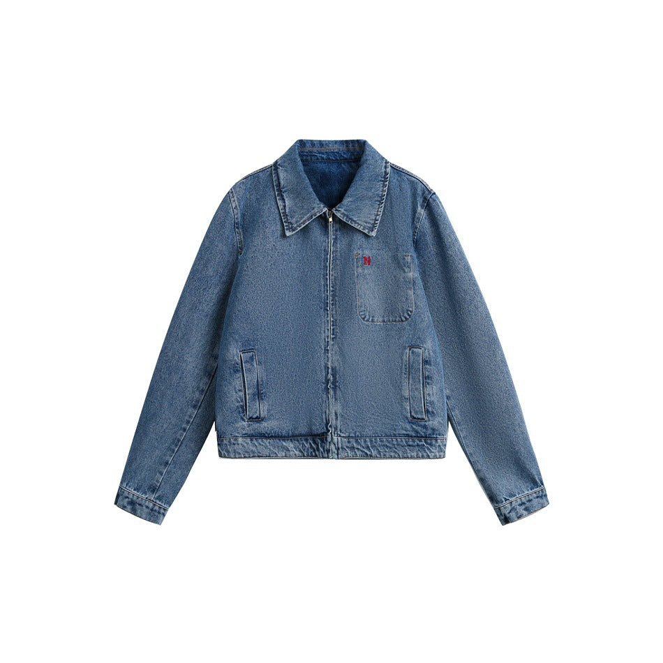Damen Kurze Oversize-Denimjacke mit durchgehendem Reißverschluss und Brusttasche Shop Nory