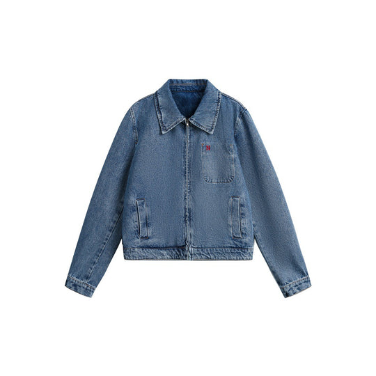 Damen Kurze Oversize-Denimjacke mit durchgehendem Reißverschluss und Brusttasche Shop Nory