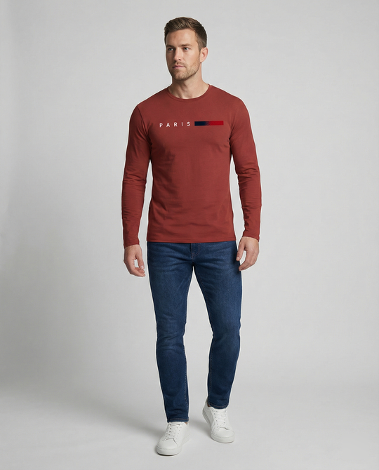 Herren Langarm T-Shirt mit modernem Paris-Druck und elastischem Saum