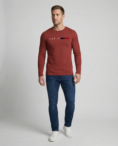 Herren Langarm T-Shirt mit modernem Paris-Druck und elastischem Saum