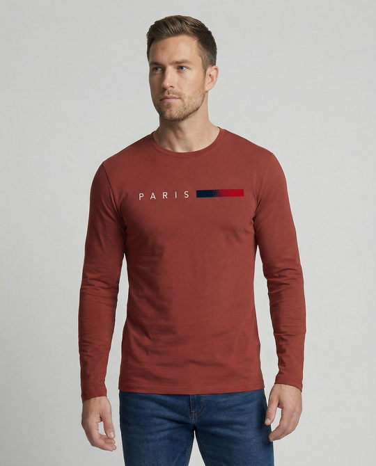 Herren Langarm T-Shirt mit modernem Paris-Druck und elastischem Saum