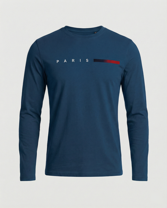 Herren Langarm T-Shirt mit modernem Paris-Druck und elastischem Saum