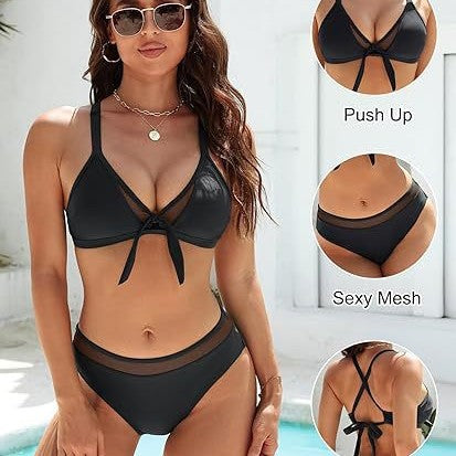 Damen Push-Up-Bikini-Top mit sexy Mesh und Rückenkreuz-Träger