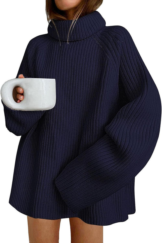 Damen Oversize Pulloverkleid aus Rippstrick mit hohem Rollkragen und voluminösen Ärmeln Shop Nory