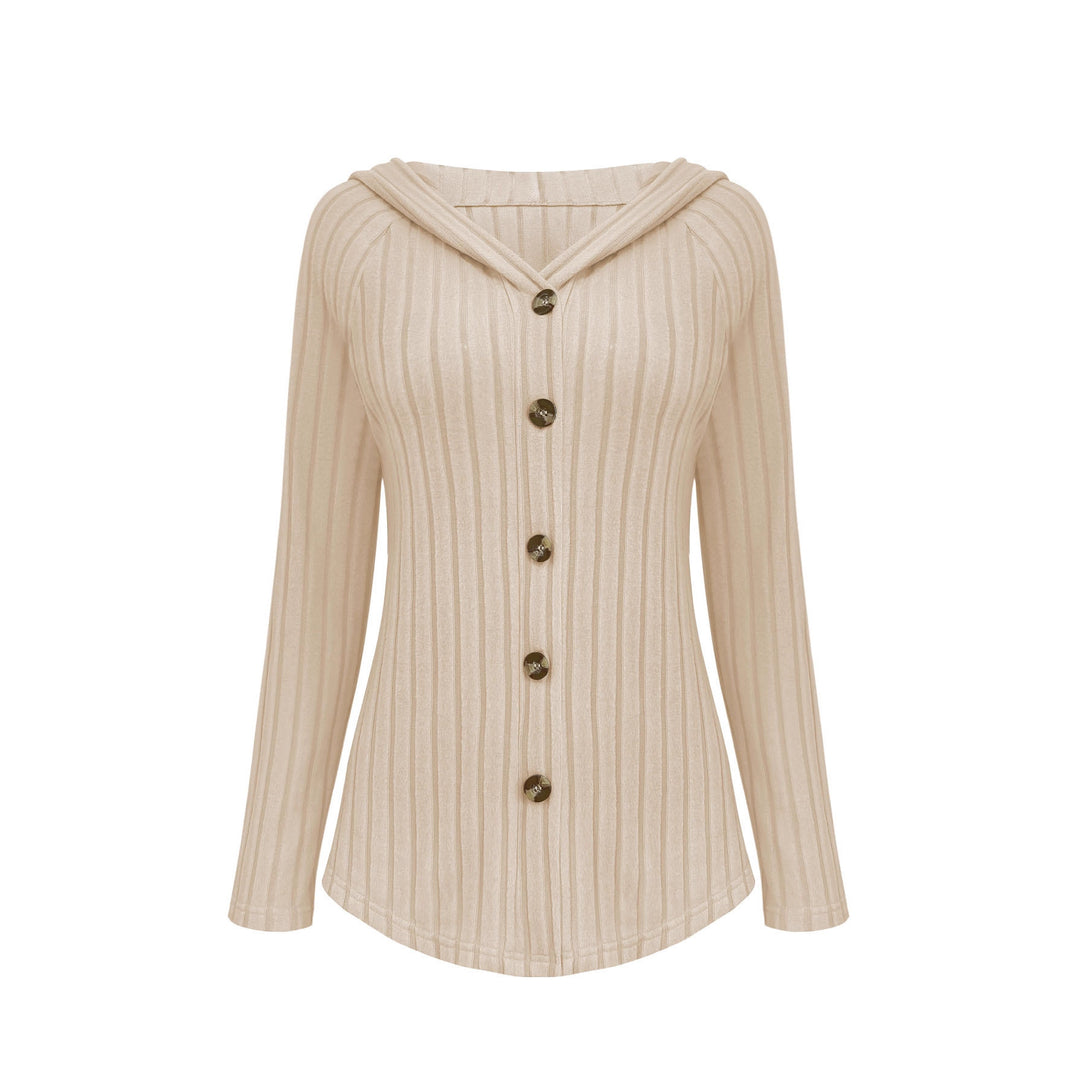 Damen Gerippte Kapuzen-Cardigan-Bluse mit Holzknopfleiste und gerafften Ärmeln Shop Nory