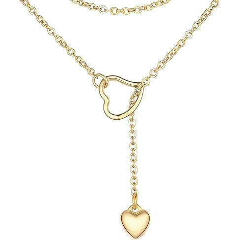 Damen modische Halskette mit doppeltem Herzanhänger und eleganter Gliederkette Shop Nory