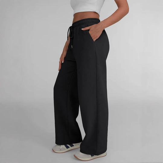 Damen nan weite Loungehose mit hohem Elastikbund, verstellbarem Kordelzug und fließender Palazzosilhouette Shop Nory