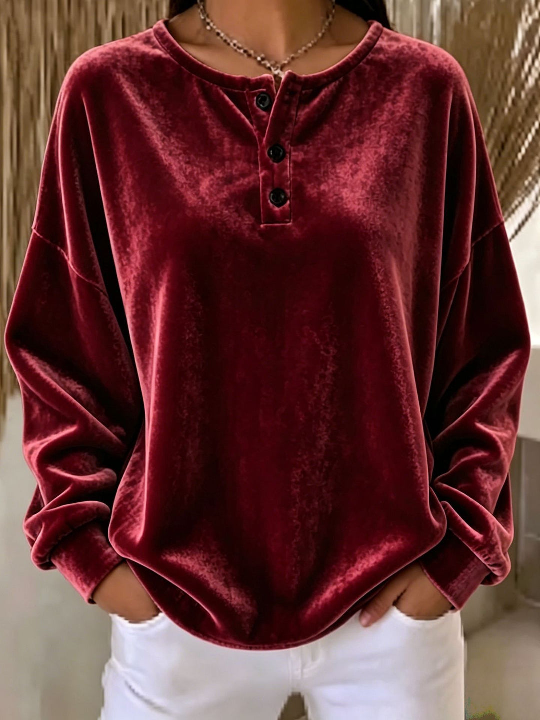 Damen Lässiges Oversize Samt-Henleyshirt mit Knopfleiste Shop Nory