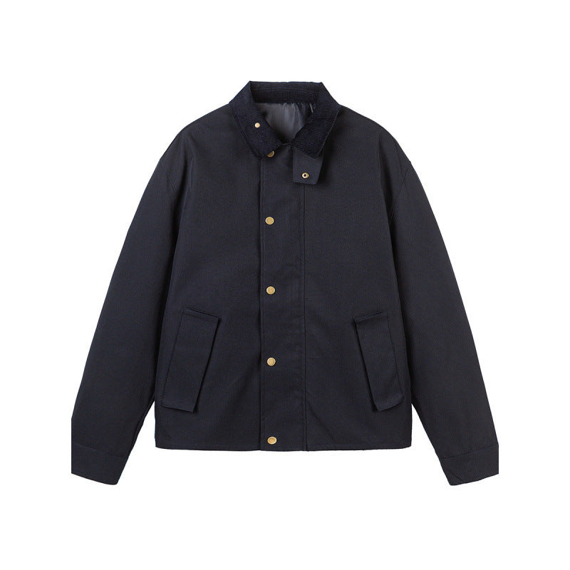 Herren Kurze Boxy-Workerjacke aus robustem Canvas mit Cordkragen und verdeckter Druckknopfleiste Shop Nory