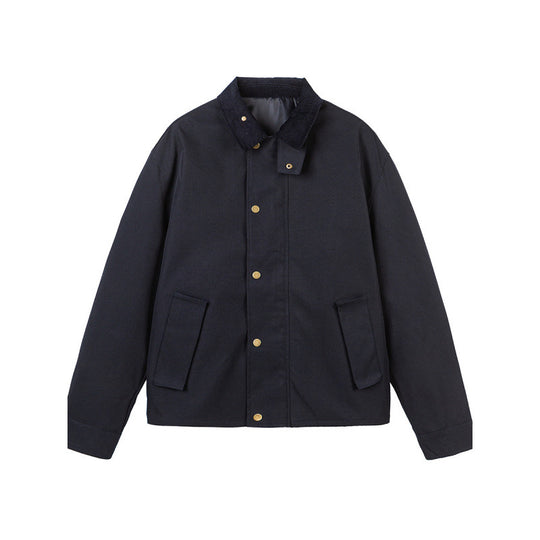 Herren Kurze Boxy-Workerjacke aus robustem Canvas mit Cordkragen und verdeckter Druckknopfleiste Shop Nory
