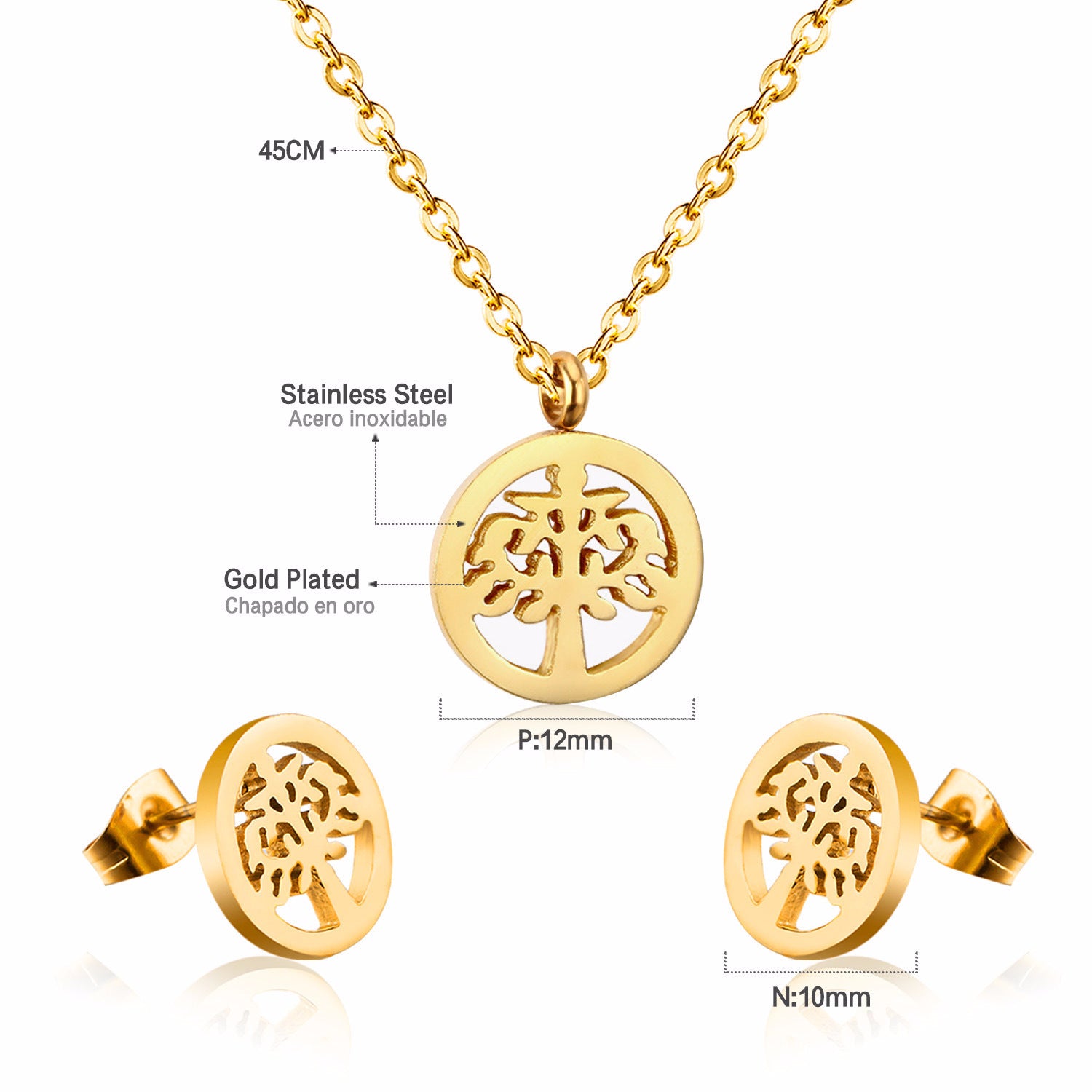 Damen Schmuckset mit Baum-Anhängern aus hochwertigem Edelstahl und goldplattiertem Design Shop Nory