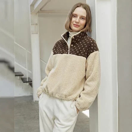 Damen Teddy-Fleece-Pullover mit Stehkragen, Druckknopfverschluss und Kordelzug Shop Nory