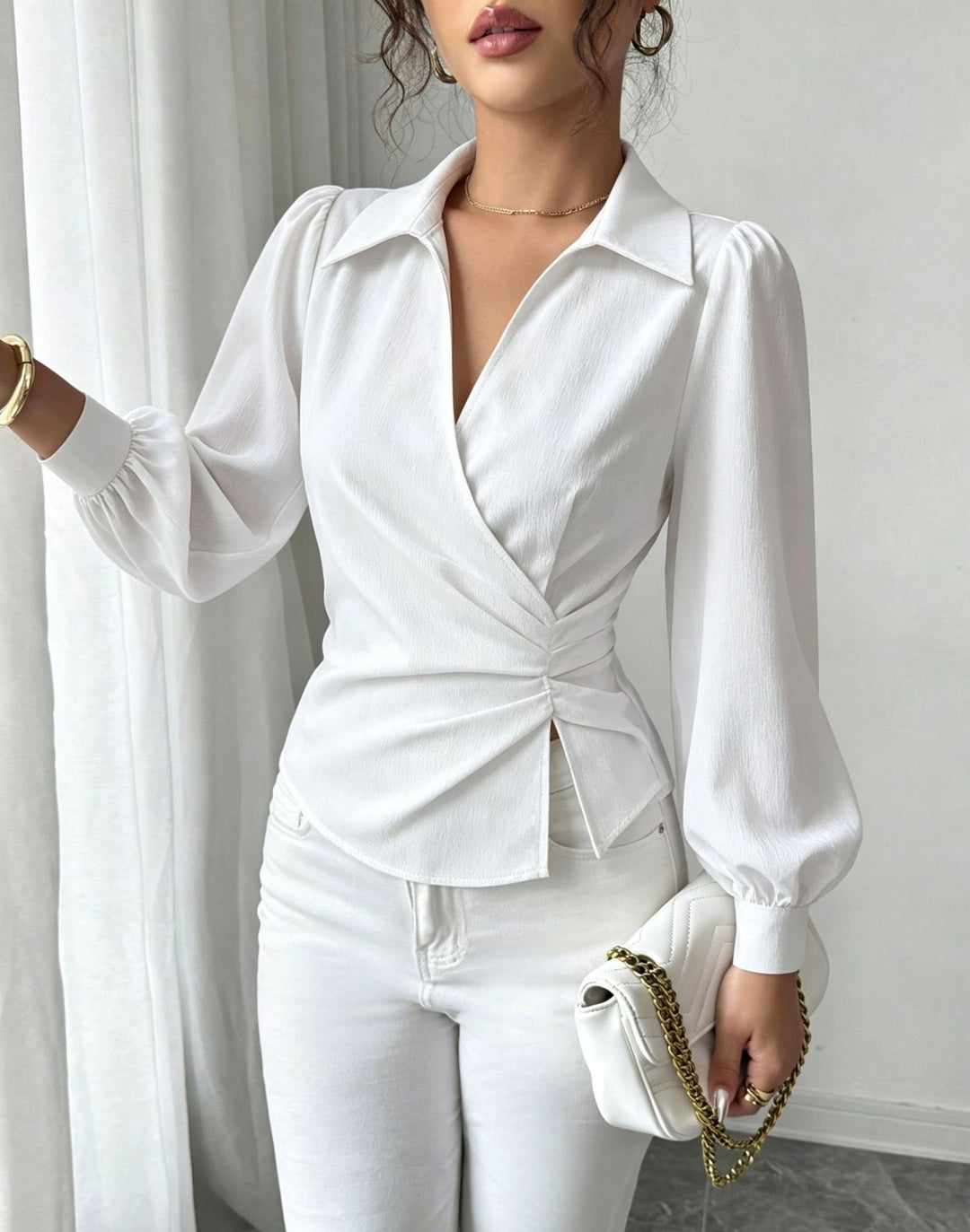 Damen Wickelbluse mit Taillenraffung, Hemdkragen und Ballonärmeln Shop Nory
