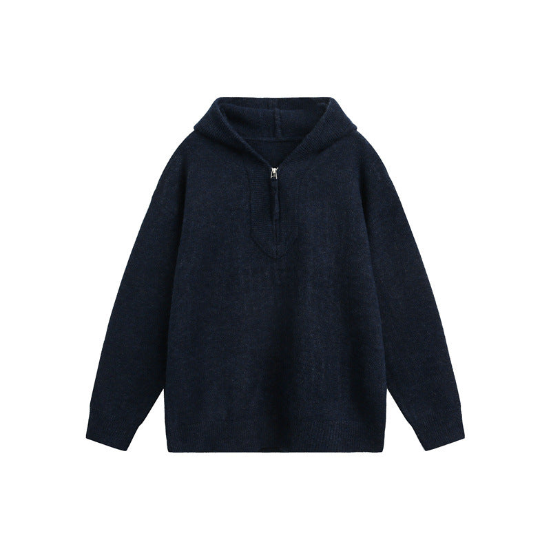 Unisex Grobgestrickter Kapuzenpullover mit halbem Reißverschluss und Boxy‑Schnitt Shop Nory