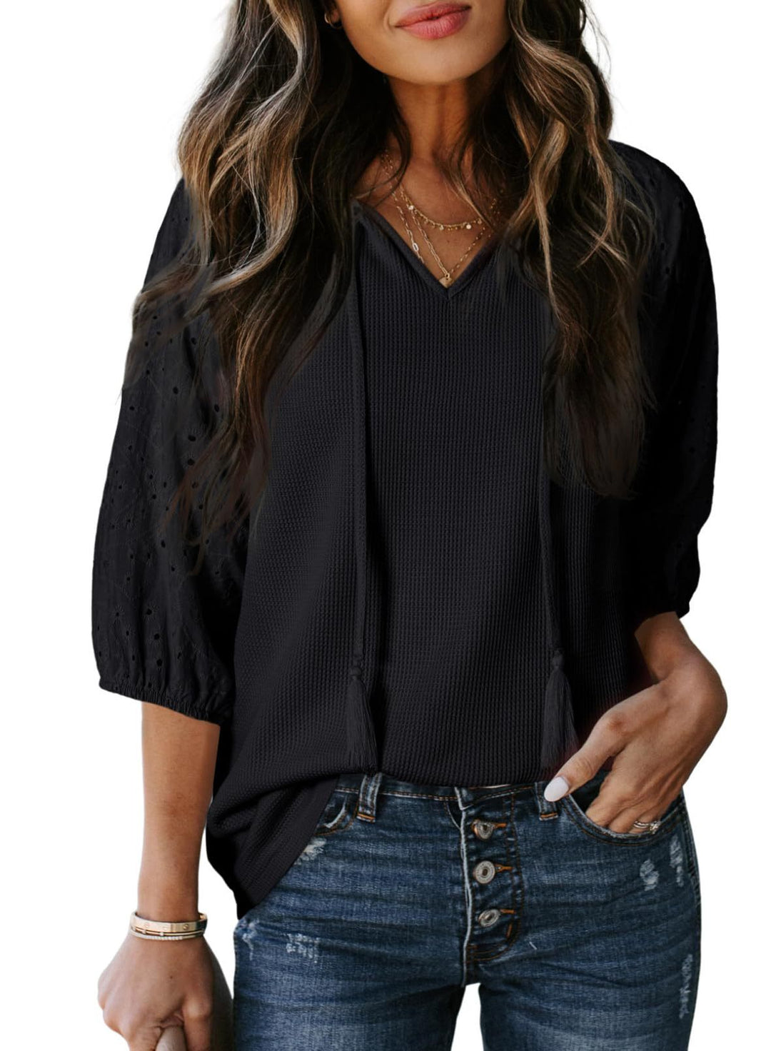 Damen Waffelshirt mit V‑Ausschnitt, Quasten und bestickten Puffärmeln Shop Nory