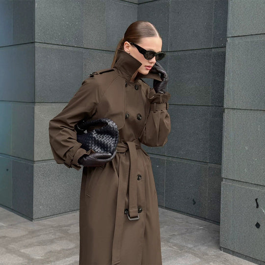 Damen Lang geschnittener wasserabweisender Trenchcoat mit hohem Stehkragen und Taillengürtel Shop Nory