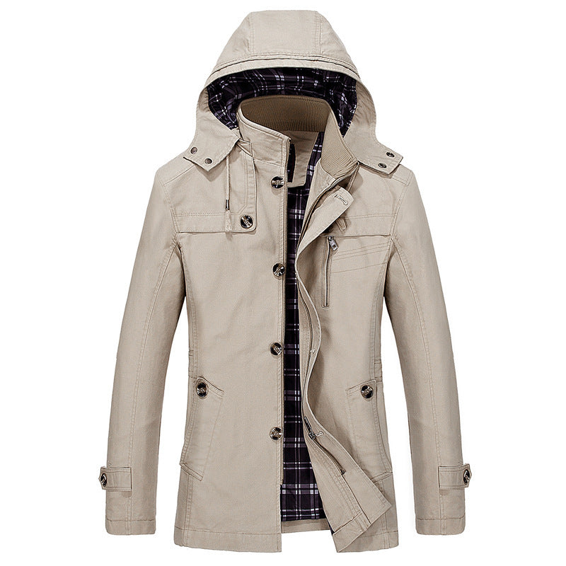 Herren mittellanger Kapuzenparka mit kariertem Innenfutter und verdeckter Zip‑Knopfleiste Shop Nory