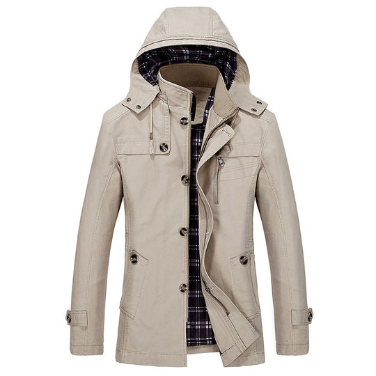 Herren mittellanger Kapuzenparka mit kariertem Innenfutter und verdeckter Zip‑Knopfleiste Shop Nory
