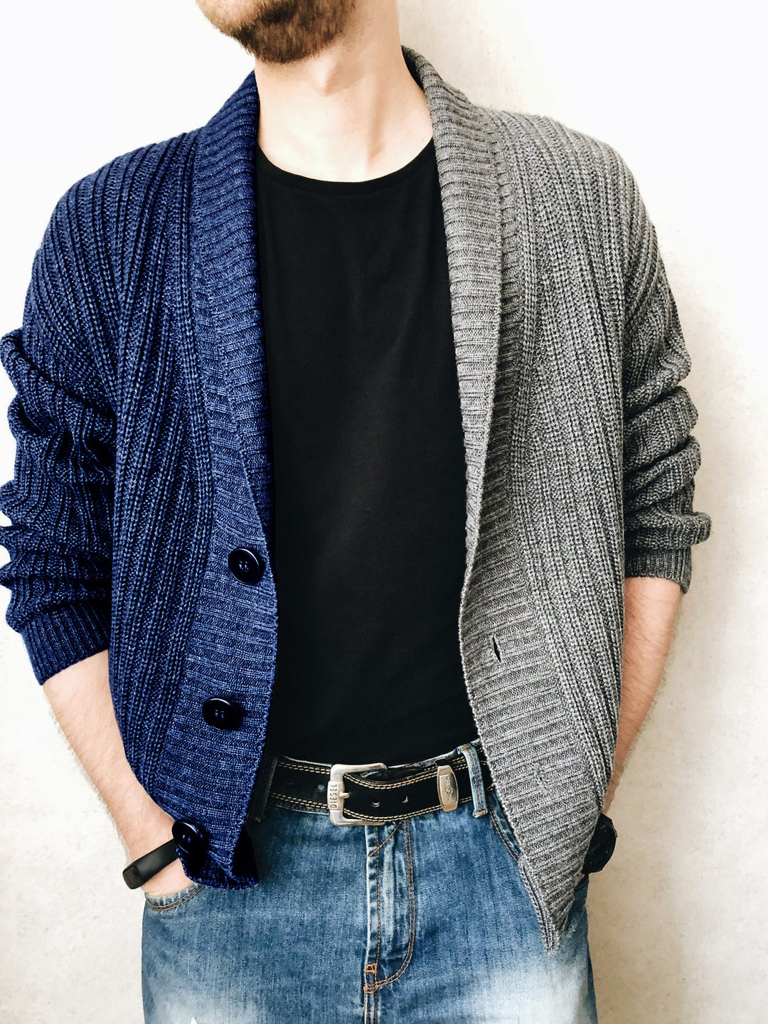 Herren Grobstrick-Cardigan mit Schalkragen, Rippstruktur und markanten Knöpfen Shop Nory