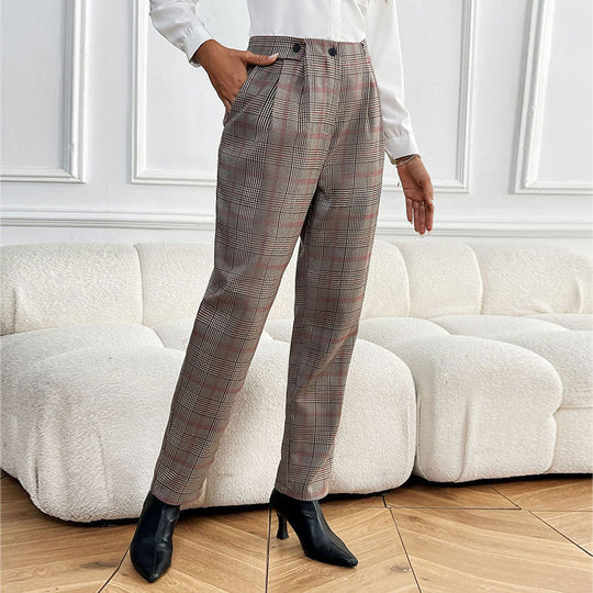 Damen Karierte hochtaillierte Bundfalten-Hose mit geradem Bein Shop Nory