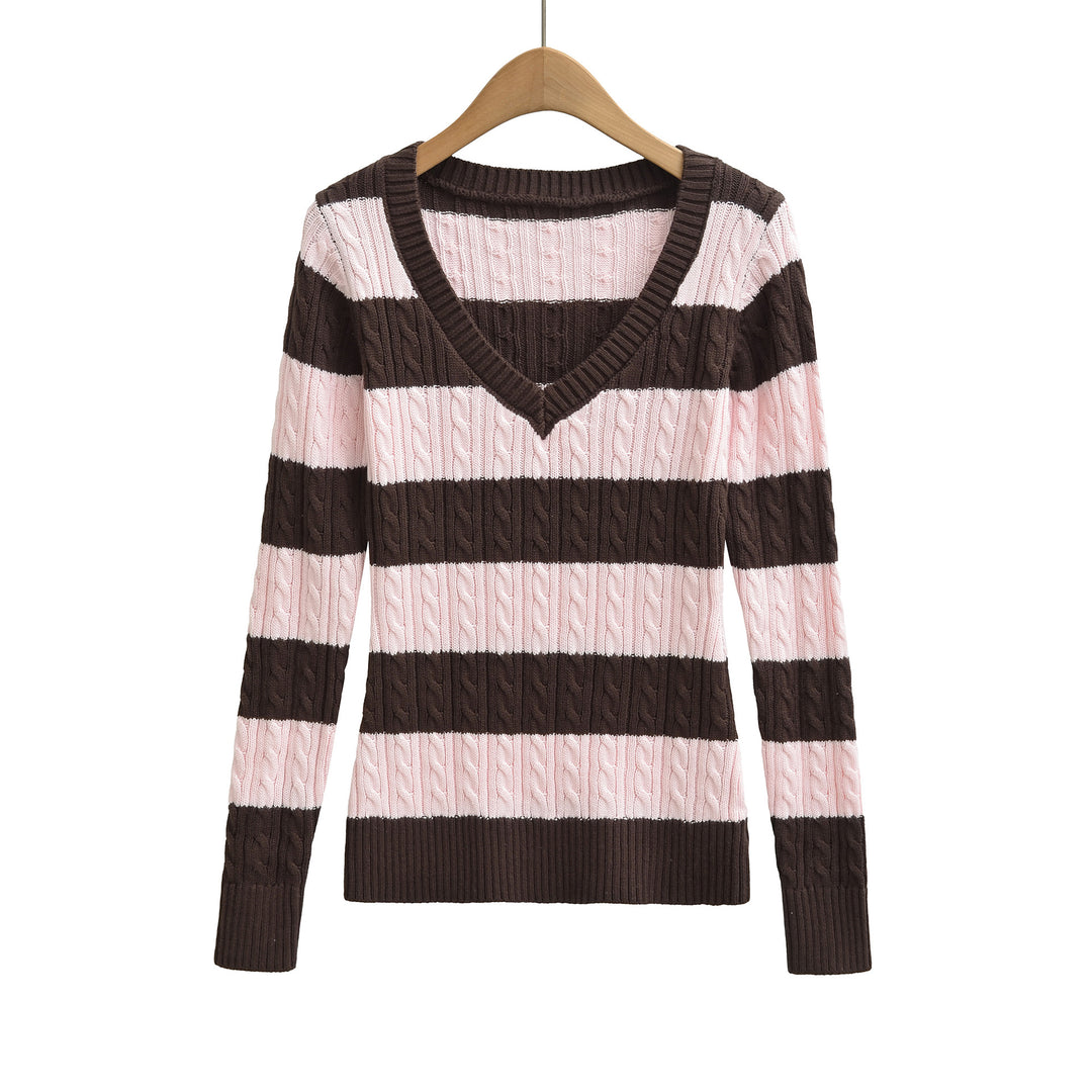 Damen Grobgestrickter V-Ausschnitt Pullover mit Zopfstrickstruktur Shop Nory