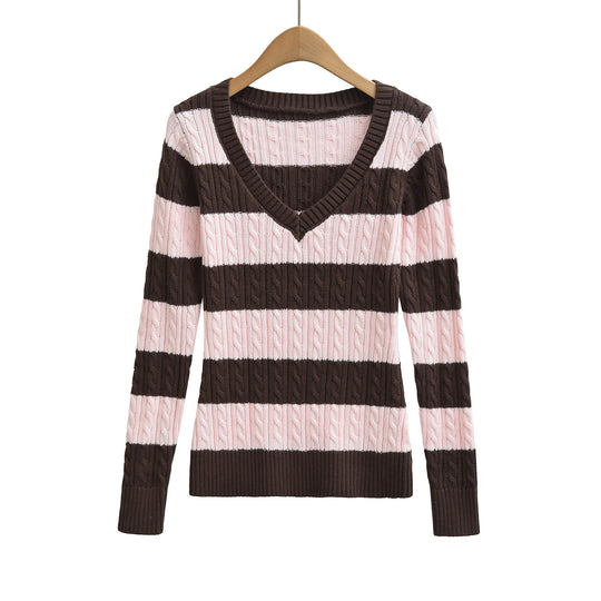 Damen Grobgestrickter V-Ausschnitt Pullover mit Zopfstrickstruktur Shop Nory