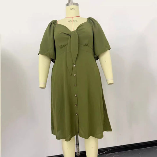 Damen A-Linien Midikleid mit Knoten-Detail, Puffärmeln und Knopfleiste Shop Nory