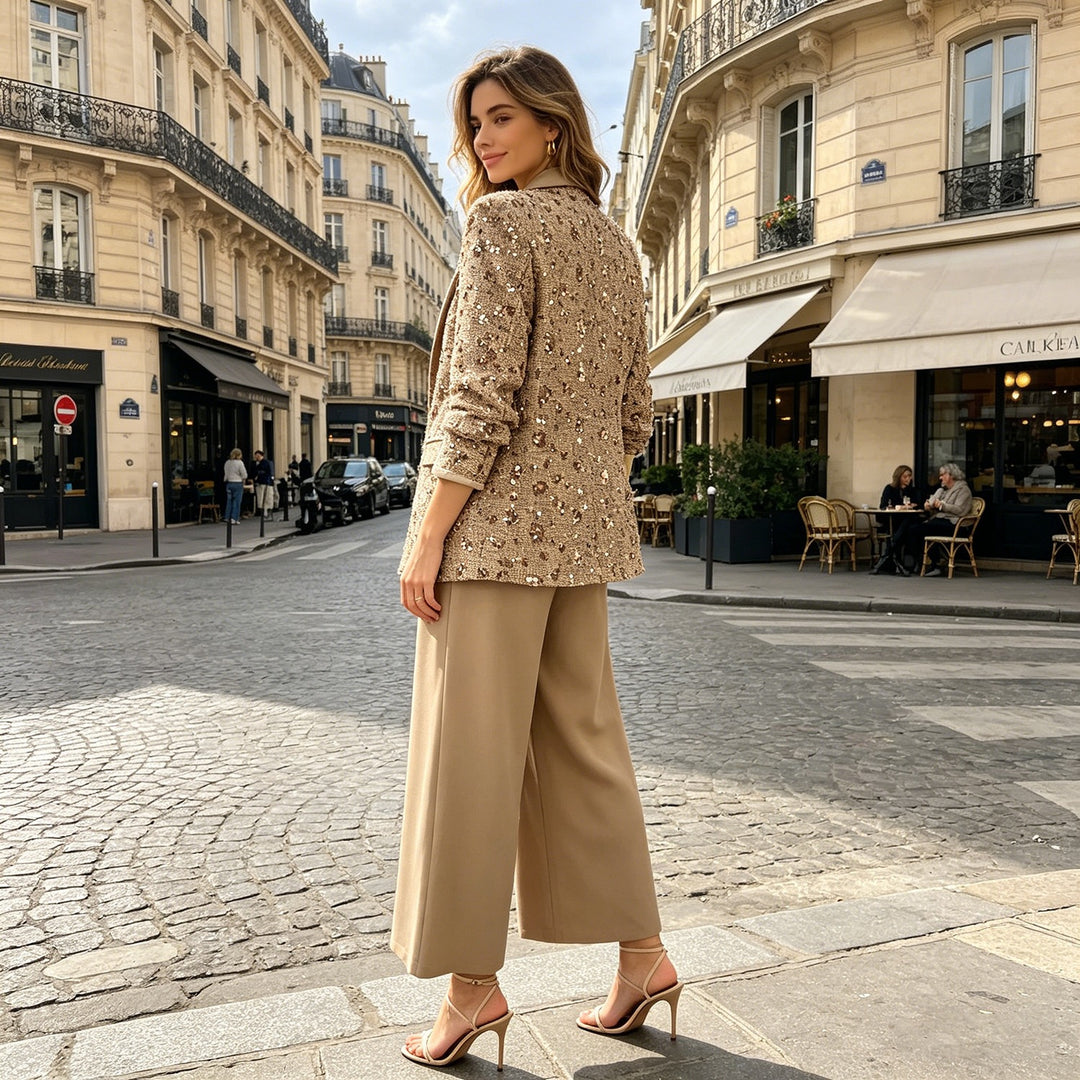 Damen Tweed-Blazer mit Schalkragen, Bindegürtel und weitem Palazzo-Hosen-Set Shop Nory