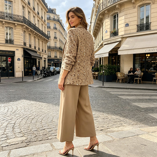 Damen Tweed-Blazer mit Schalkragen, Bindegürtel und weitem Palazzo-Hosen-Set Shop Nory