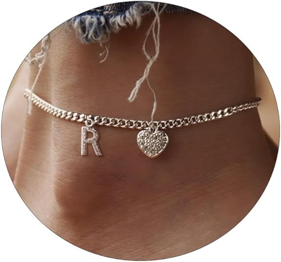 Damen Fußkettchen mit personalisiertem Buchstaben und funkelndem Herzanhänger Shop Nory